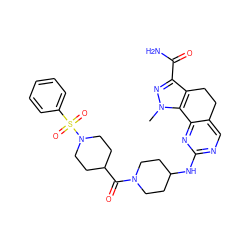 Cn1nc(C(N)=O)c2c1-c1nc(NC3CCN(C(=O)C4CCN(S(=O)(=O)c5ccccc5)CC4)CC3)ncc1CC2 ZINC000049757084