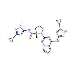 Cn1nc(C2CC2)cc1NC(=O)[C@]1(C)CCCN1c1nc(Nc2cc(C3CC3)[nH]n2)c2cccn2n1 ZINC000143314801