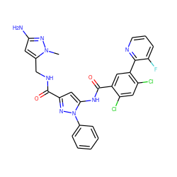 Cn1nc(N)cc1CNC(=O)c1cc(NC(=O)c2cc(-c3ncccc3F)c(Cl)cc2Cl)n(-c2ccccc2)n1 ZINC001772617206