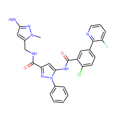 Cn1nc(N)cc1CNC(=O)c1cc(NC(=O)c2cc(-c3ncccc3F)ccc2Cl)n(-c2ccccc2)n1 ZINC001772624509