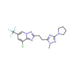 Cn1nc(N2CCCC2)nc1CCc1nc2c(Cl)cc(C(F)(F)F)cn2n1 ZINC000210671481