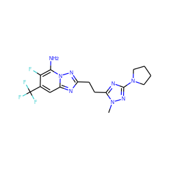 Cn1nc(N2CCCC2)nc1CCc1nc2cc(C(F)(F)F)c(F)c(N)n2n1 ZINC000210678970