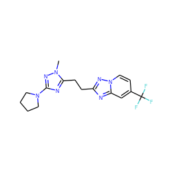 Cn1nc(N2CCCC2)nc1CCc1nc2cc(C(F)(F)F)ccn2n1 ZINC000210679100