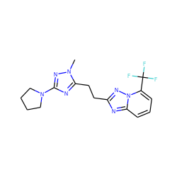 Cn1nc(N2CCCC2)nc1CCc1nc2cccc(C(F)(F)F)n2n1 ZINC000210679014