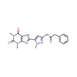 Cn1nc(NC(=O)Cc2ccccc2)cc1-c1nc2c([nH]1)c(=O)n(C)c(=O)n2C ZINC000013559736