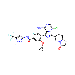 Cn1nc(NC(=O)c2cc(OC3CC3)c(-c3nc([C@@H]4CC[C@H]5CCC(=O)N5C4)n4c(Cl)cnc(N)c34)cc2F)cc1C(F)(F)F ZINC000223331238