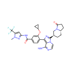 Cn1nc(NC(=O)c2ccc(-c3nc([C@@H]4CC[C@H]5CCC(=O)N5C4)n4ccnc(N)c34)c(OC3CC3)c2)cc1C(F)(F)F ZINC000145465350