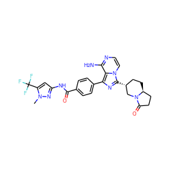 Cn1nc(NC(=O)c2ccc(-c3nc([C@@H]4CC[C@H]5CCC(=O)N5C4)n4ccnc(N)c34)cc2)cc1C(F)(F)F ZINC000145521020