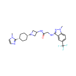 Cn1nc(NCC(=O)NC2CN([C@H]3CC[C@@H](c4nccn4C)CC3)C2)c2cc(C(F)(F)F)ccc21 ZINC000253805007