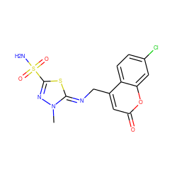 Cn1nc(S(N)(=O)=O)s/c1=N\Cc1cc(=O)oc2cc(Cl)ccc12 ZINC000003974543