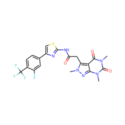 Cn1nc2c(c1CC(=O)Nc1nc(-c3ccc(C(F)(F)F)c(F)c3)cs1)c(=O)n(C)c(=O)n2C ZINC000068246492