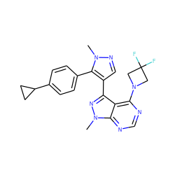 Cn1ncc(-c2nn(C)c3ncnc(N4CC(F)(F)C4)c23)c1-c1ccc(C2CC2)cc1 ZINC000169706115