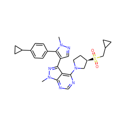 Cn1ncc(-c2nn(C)c3ncnc(N4CC[C@@H](S(=O)(=O)CC5CC5)C4)c23)c1-c1ccc(C2CC2)cc1 ZINC000169706100