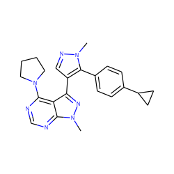 Cn1ncc(-c2nn(C)c3ncnc(N4CCCC4)c23)c1-c1ccc(C2CC2)cc1 ZINC000169706102