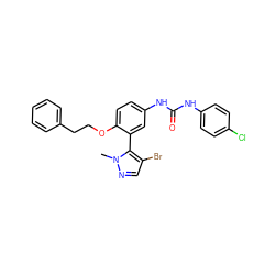 Cn1ncc(Br)c1-c1cc(NC(=O)Nc2ccc(Cl)cc2)ccc1OCCc1ccccc1 ZINC000049757437