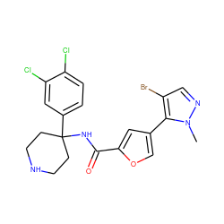 Cn1ncc(Br)c1-c1coc(C(=O)NC2(c3ccc(Cl)c(Cl)c3)CCNCC2)c1 ZINC000653871498