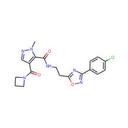 Cn1ncc(C(=O)N2CCC2)c1C(=O)NCCc1nc(-c2ccc(Cl)cc2)no1 ZINC000144088723