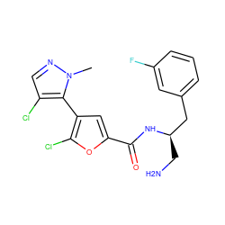 Cn1ncc(Cl)c1-c1cc(C(=O)N[C@H](CN)Cc2cccc(F)c2)oc1Cl ZINC000043197675