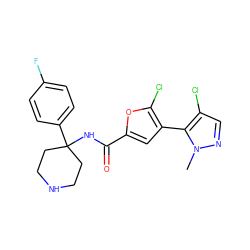 Cn1ncc(Cl)c1-c1cc(C(=O)NC2(c3ccc(F)cc3)CCNCC2)oc1Cl ZINC000653912881