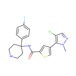 Cn1ncc(Cl)c1-c1csc(C(=O)NC2(c3ccc(F)cc3)CCNCC2)c1 ZINC000653864145