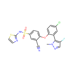 Cn1ncc(F)c1-c1cc(Cl)ccc1Oc1ccc(S(=O)(=O)Nc2nccs2)cc1C#N ZINC000095583930