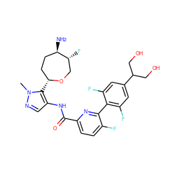 Cn1ncc(NC(=O)c2ccc(F)c(-c3c(F)cc(C(CO)CO)cc3F)n2)c1[C@@H]1CC[C@@H](N)[C@H](F)CO1 ZINC000205654220