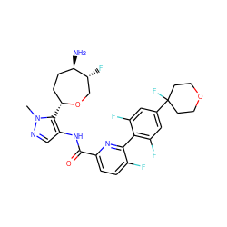 Cn1ncc(NC(=O)c2ccc(F)c(-c3c(F)cc(C4(F)CCOCC4)cc3F)n2)c1[C@@H]1CC[C@@H](N)[C@H](F)CO1 ZINC000205650949