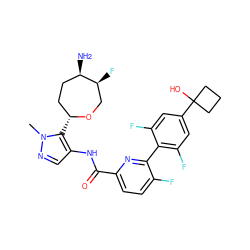 Cn1ncc(NC(=O)c2ccc(F)c(-c3c(F)cc(C4(O)CCC4)cc3F)n2)c1[C@@H]1CC[C@@H](N)[C@@H](F)CO1 ZINC000221346459