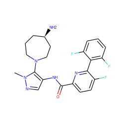 Cn1ncc(NC(=O)c2ccc(F)c(-c3c(F)cccc3F)n2)c1N1CCC[C@@H](N)CC1 ZINC000144731857