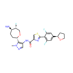 Cn1ncc(NC(=O)c2csc(-c3c(F)cc([C@H]4CCCO4)cc3F)n2)c1[C@@H]1CC[C@@H](N)[C@H](F)CO1 ZINC000221414542