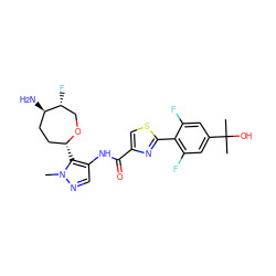 Cn1ncc(NC(=O)c2csc(-c3c(F)cc(C(C)(C)O)cc3F)n2)c1[C@@H]1CC[C@@H](N)[C@H](F)CO1 ZINC000221401065