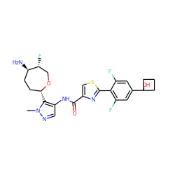 Cn1ncc(NC(=O)c2csc(-c3c(F)cc(C4(O)CCC4)cc3F)n2)c1[C@@H]1CC[C@@H](N)[C@H](F)CO1 ZINC000222640011