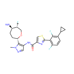 Cn1ncc(NC(=O)c2csc(-c3c(F)ccc(C4CC4)c3F)n2)c1[C@@H]1CC[C@@H](N)[C@H](F)CO1 ZINC000221387857