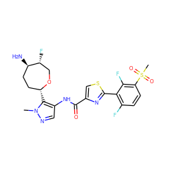 Cn1ncc(NC(=O)c2csc(-c3c(F)ccc(S(C)(=O)=O)c3F)n2)c1[C@@H]1CC[C@@H](N)[C@H](F)CO1 ZINC000221390774