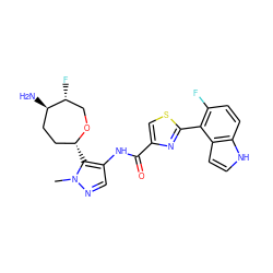 Cn1ncc(NC(=O)c2csc(-c3c(F)ccc4[nH]ccc34)n2)c1[C@@H]1CC[C@@H](N)[C@H](F)CO1 ZINC000221416670