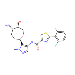 Cn1ncc(NC(=O)c2csc(-c3c(F)cccc3F)n2)c1[C@H]1CC[C@H](N)[C@H](O)CO1 ZINC000221405682