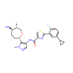 Cn1ncc(NC(=O)c2csc(-c3cc(C4CC4)ccc3F)n2)c1[C@@H]1CC[C@@H](N)[C@H](F)CO1 ZINC000221418576