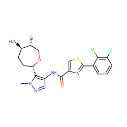 Cn1ncc(NC(=O)c2csc(-c3cccc(F)c3Cl)n2)c1[C@@H]1CC[C@@H](N)[C@H](F)CO1 ZINC000221385295