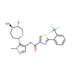 Cn1ncc(NC(=O)c2csc(-c3ccccc3C(F)(F)F)n2)c1[C@@H]1CC[C@@H](N)[C@H](F)CO1 ZINC000216889329