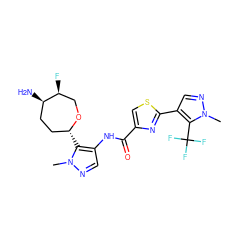 Cn1ncc(NC(=O)c2csc(-c3cnn(C)c3C(F)(F)F)n2)c1[C@@H]1CC[C@@H](N)[C@@H](F)CO1 ZINC000221399011