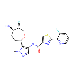 Cn1ncc(NC(=O)c2csc(-c3ncccc3F)n2)c1[C@@H]1CC[C@@H](N)[C@H](F)CO1 ZINC000205635379