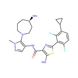 Cn1ncc(NC(=O)c2nc(-c3c(F)ccc(C4CC4)c3F)sc2N)c1N1CCC[C@@H](N)CC1 ZINC000169699282