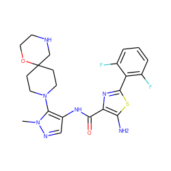 Cn1ncc(NC(=O)c2nc(-c3c(F)cccc3F)sc2N)c1N1CCC2(CC1)CNCCO2 ZINC000169699528