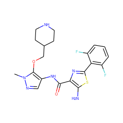 Cn1ncc(NC(=O)c2nc(-c3c(F)cccc3F)sc2N)c1OCC1CCNCC1 ZINC000144906814