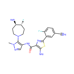 Cn1ncc(NC(=O)c2nc(-c3cc(C#N)ccc3F)sc2N)c1N1CC[C@@H](N)[C@H](F)CC1 ZINC000169699496