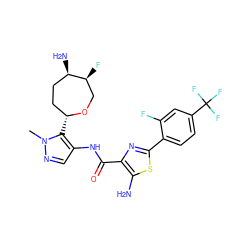 Cn1ncc(NC(=O)c2nc(-c3ccc(C(F)(F)F)cc3F)sc2N)c1[C@@H]1CC[C@@H](N)[C@@H](F)CO1 ZINC000216887684