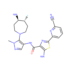 Cn1ncc(NC(=O)c2nc(-c3cccc(C#N)n3)sc2N)c1N1CC[C@@H](N)[C@H](F)CC1 ZINC000169699481