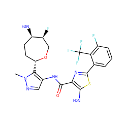 Cn1ncc(NC(=O)c2nc(-c3cccc(F)c3C(F)(F)F)sc2N)c1[C@@H]1CC[C@@H](N)[C@@H](F)CO1 ZINC000216888153