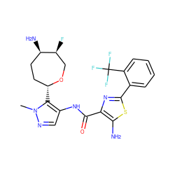 Cn1ncc(NC(=O)c2nc(-c3ccccc3C(F)(F)F)sc2N)c1[C@@H]1CC[C@@H](N)[C@@H](F)CO1 ZINC000216888317