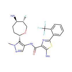 Cn1ncc(NC(=O)c2nc(-c3ccccc3C(F)(F)F)sc2N)c1[C@@H]1CC[C@@H](N)[C@H](F)CO1 ZINC000216889839